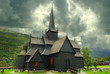 Autumn Norway landscape with stavkirke Autumn Norway landscape with stavkirke