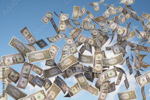 Illustration: dollar bills flying in the sky dollar bills flying in the sky