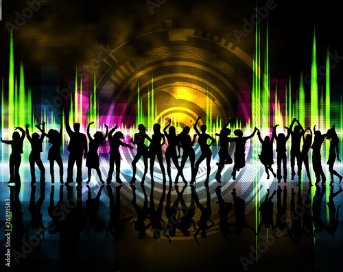 Illustration: siluetas de chicos y chicas bailando con fondo de colores siluetas de chicos y chicas bailando con fondo de colores
