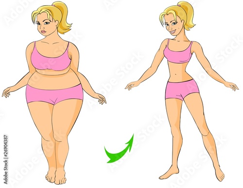 Illustration: Fat and thin woman (before and after fitness). Fat and thin woman (before and after fitness).