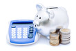 Cochon tirelire et calculatrice sur fond blanc