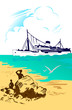 Vektor: Tropical sea landscape, ship Tropical sea landscape, ship