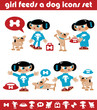 Girl Feeds a Dog Icons Set Vector Girl Feeds a Dog Icons Set Vector