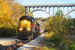 Train approaching below bridge over Ohio's Cuyahoga Valley