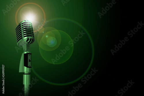 Illustration: Classic microphone and green light on background Classic microphone and green light on background