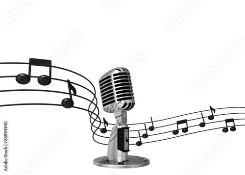 Illustration: classic microphone with music notes on background classic microphone with music notes on background
