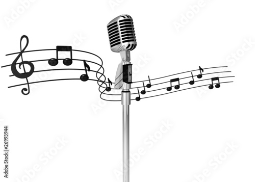 Illustration: classic standing microphone with musicnotes on background classic standing microphone with musicnotes on background