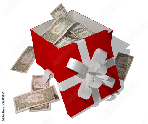 Illustration: opened giftbox filled with dollars opened giftbox filled with dollars