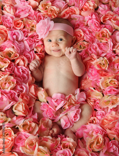 Photo: Adorable smiling baby girl lying in a bed of pink roses Adorable smiling baby girl lying in a bed of pink roses
