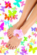 Beautiful feet leg with perfect spa pedicure on bright pink nail