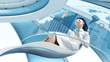 Future lifestyle. Sexy brunette in the futurisctic armchair.