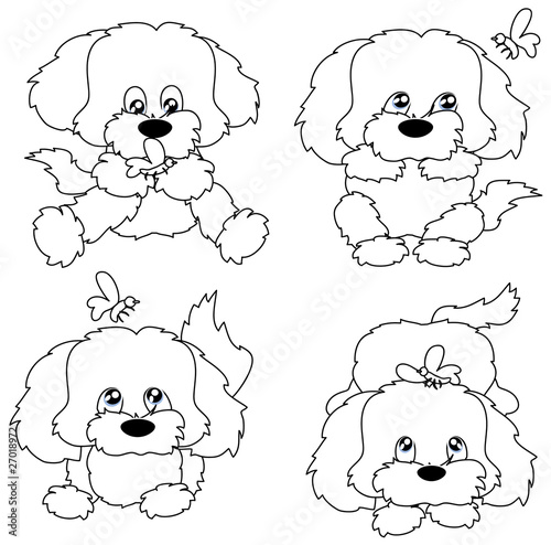 Zoom Not Available : Vector images are scalable to any size. Four puppies with butterflies in the contour.