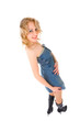Sexy blond woman in jeans sarafan Sexy blond woman in jeans sarafan