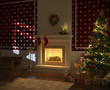 cozy xmas fireplace with tree and presents
