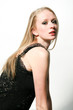 Blonde Female Model with a White Background Black top