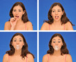 beautiful woman chewing bubble gum isolated over blue