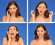 beautiful woman and earphones isolated over blue beautiful woman and earphones isolated over blue