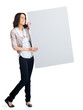 Happy young woman advertising with an empty billboard
