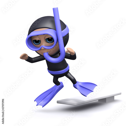 Illustration: 3d Scuba diver jumps off the diving board 3d Scuba diver jumps off the diving board