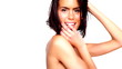 Sexy young woman posing wearing towel against white background