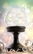 Snow-globe with ornaments against colored background