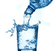 Blue water splashing on glass,white background.