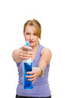 Cute woman spraying disinfectant at you