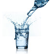 blue water splashing on glass, white background.