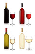 Set of white, rose, and red wine bottles and glas.