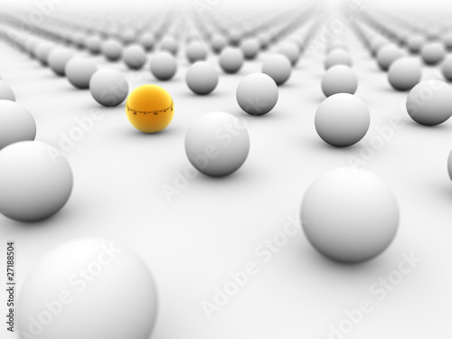 Illustration: Golden ball surrounded by white ones with the focus on it. Golden ball surrounded by white ones with the focus on it.