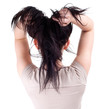 standing backwards woman with raised black hair standing backwards woman with raised black hair