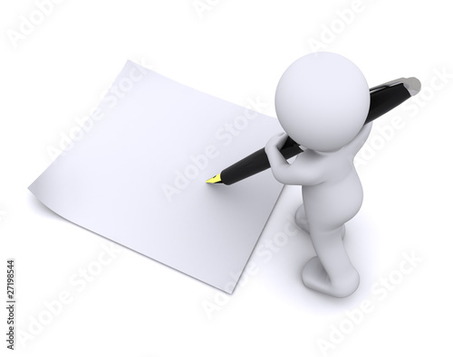 Illustration: little 3d character write a card with big pen little 3d character write a card with big pen