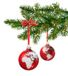 World continents glass balls hanging on Christmas tree branch