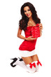 santa helper girl on white background with long hair and red gif