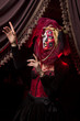 cool Venetian mask makeup over vintage interior