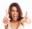 Thumbs up -Excited young girl wishes you good luck against white