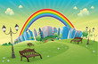 Park with rainbow. Funny cartoon and vector scene. Park with rainbow. Funny cartoon and vector scene.