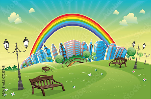Park with rainbow. Funny cartoon and vector scene.