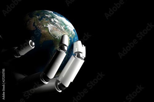 Illustration: Cyborg hand protecting earth Cyborg hand protecting earth