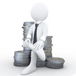 3D human sitting on a pile of coins