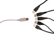Grey usb cable facing five black usb cables