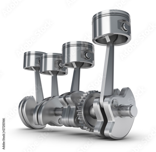 Illustration: Engine pistons and cog. 3D image. Engine pistons and cog. 3D image.