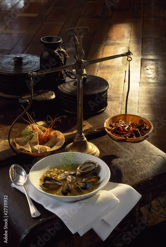 Photo: Seafood soup with buckwheat pancake Seafood soup with buckwheat pancake