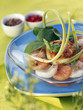 Checked scallops and salmon with leek flan