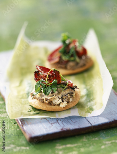 Photo: Mini pizzas with fresh goat cheese,tapenade and mayonnaise Mini pizzas with fresh goat cheese,tapenade and mayonnaise