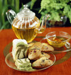 Cake marbré with green tea, madeleines with rosemary and rose petals