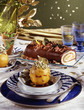 Caramelized peach with crushed pistachios and hazelnuts,chocolate and peach log cake