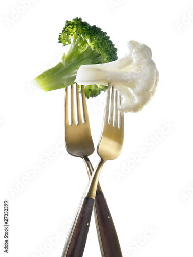 Photo: Two forks with broccoli and cauliflower ;light lunch Two forks with broccoli and cauliflower ;light lunch