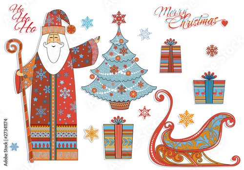 Vector: Vintage Christmas: Santa, Christmas Tree, Gifts, Sleigh... Vintage Christmas: Santa, Christmas Tree, Gifts, Sleigh...