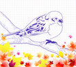 bird doodle on notebook paper with autumn leaves